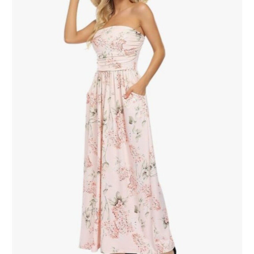 Women's Soft Stretchy Pale Pink Floral Side Pocket Strapless Maxi Sundress Sz M
